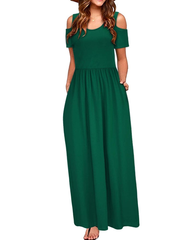 STYLEWORD Womens 2025 Green Cold Shoulder Short Sleeve Summer Casual Maxi Long Dress with Pocket(Green,L) - Image 1